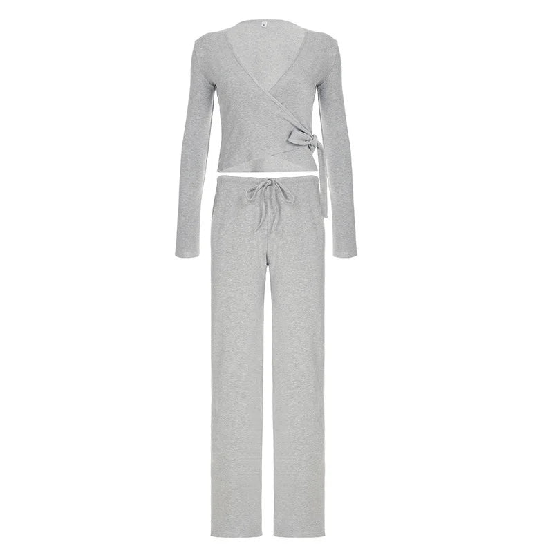 Apprabant Casual Fashion Drawstring High Waist Trousers Set Lace Up Flared Sleeve V Neck Twist Tops Plush Loose Pants Suit