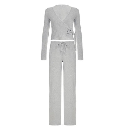 Apprabant Casual Fashion Drawstring High Waist Trousers Set Lace Up Flared Sleeve V Neck Twist Tops Plush Loose Pants Suit