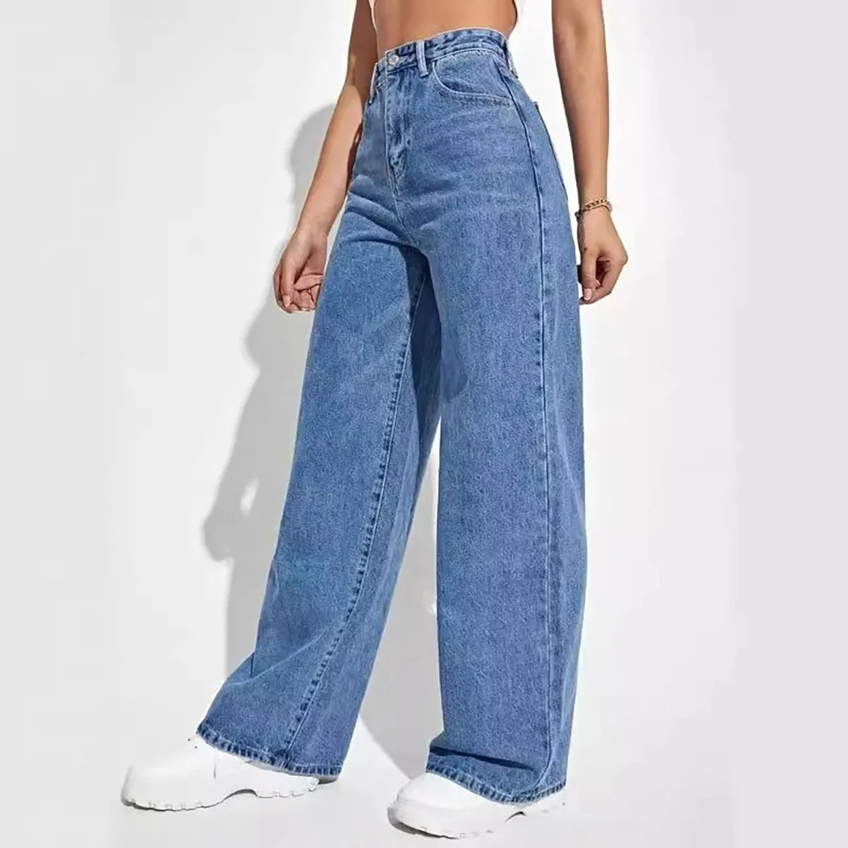 Fashion retro blue jeans women y2k High street baggy straight pants High waisted all-in-one slim pants.