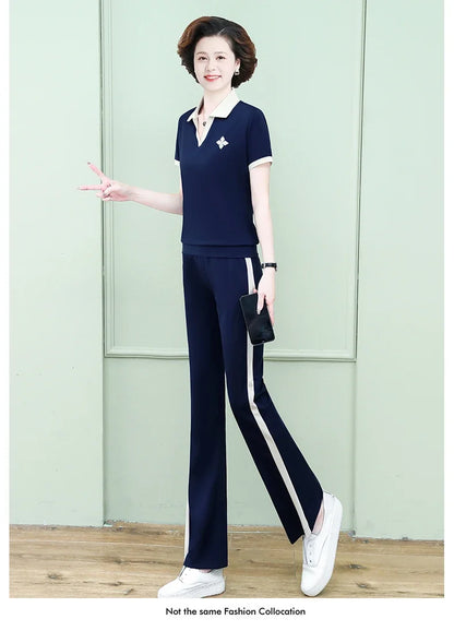 Casual Breathable Short Sleeve Sportswear Set for Middle-Aged Mothers Fashionable Summer Clothing Grandmother Style