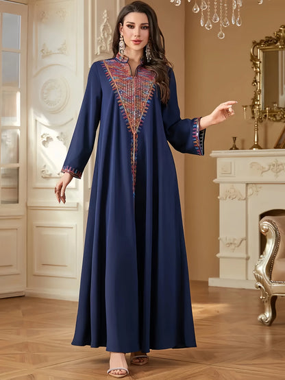 Trendy Muslim Abaya in Deep Blue Adorned with Intricate Multicolored Embroidery for Arabian Social Galas Modest Islam Fashion.