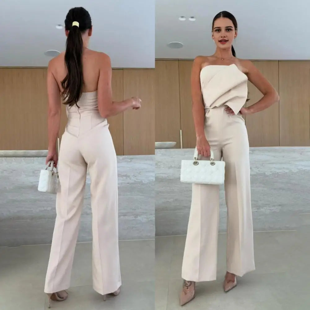 Neck-lengthening Jumpsuit Elegant Women's Strapless Jumpsuit Stylish Off Shoulder Romper with High Waist Wide Leg Chic for Women.
