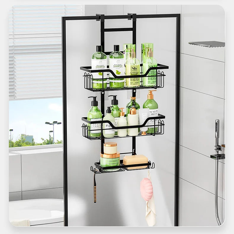 Bohrfreies Badezimmerregal über der Tür, hängender Organizer, wandmontiertes Korbregal, mehrschichtiges Duschraum-Aufbewahrungsregal für Toilette