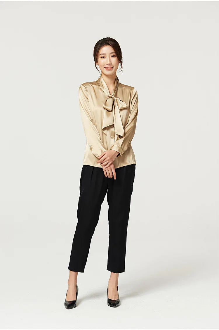 Heavyweight Mulberry Silk Shirt Women's 2025 Spring And Autumn New Long Sleeve Satin Silk Blouse V-neck Bow Ribbon Shirt