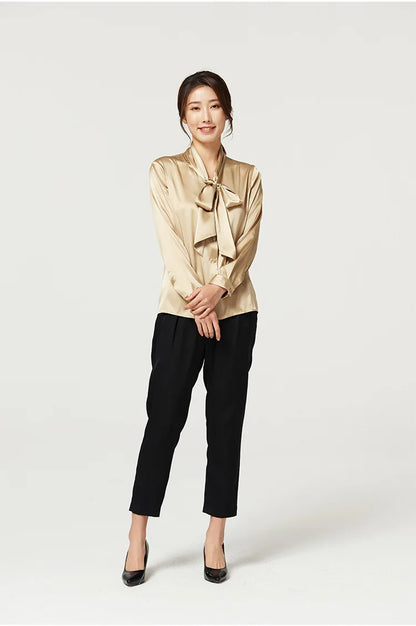 Heavyweight Mulberry Silk Shirt Women's 2025 Spring And Autumn New Long Sleeve Satin Silk Blouse V-neck Bow Ribbon Shirt