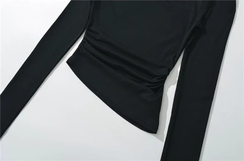 Slim Fit Long Sleeve T-Shirt Irregular Hem Slant Collar Pleated Pure Desirable Sexy Top for Women Fashionable Autumn New Style.