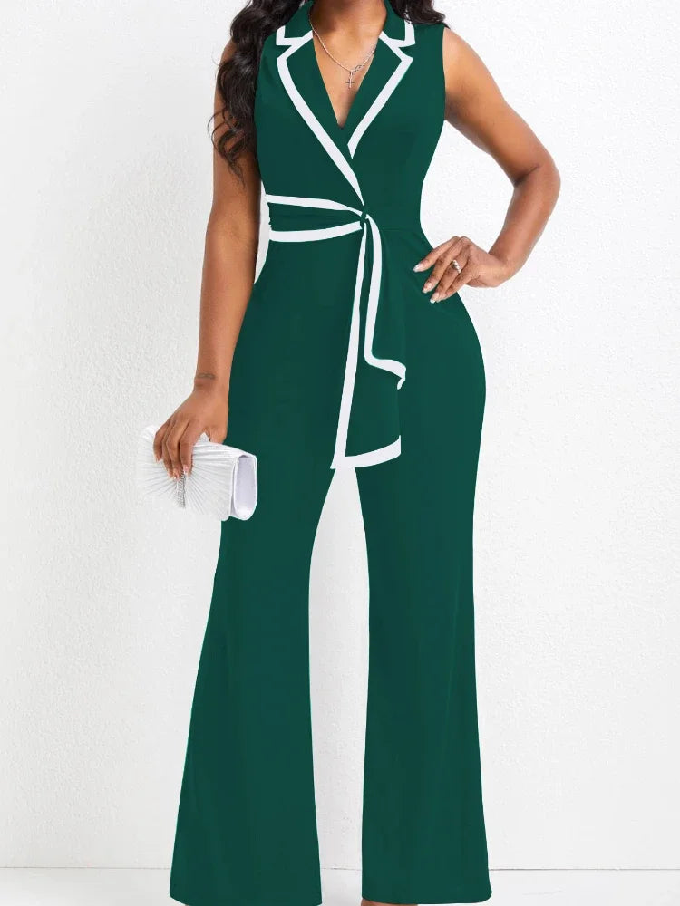 Women's Overalls Outfits Full Length New Fashion 2025 Summer V Neck Elegant Sleeveless Office Lady Jumpsuit Wide Leg Pants