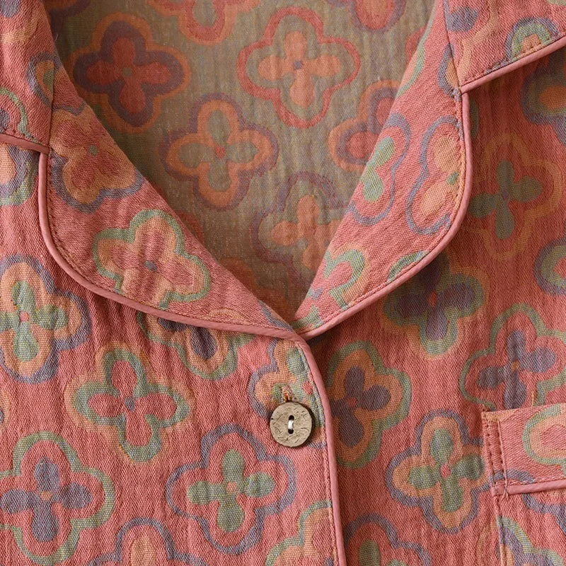 100% Cotton Crepe Homeclothes 2023 Autumn/Winter Women's Pajamas Suit Long-Sleeved Trousers 2-piece Yarn-Dyed Jacquard Pajamas.