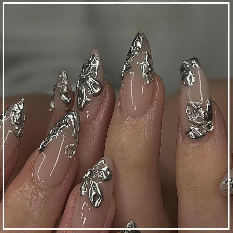 24Pcs False Nails Spicy Girl Silver Bow with Diamond Fake Nails with Glue Almond Press on Nails Black Cool Y2k Almond Nail Set