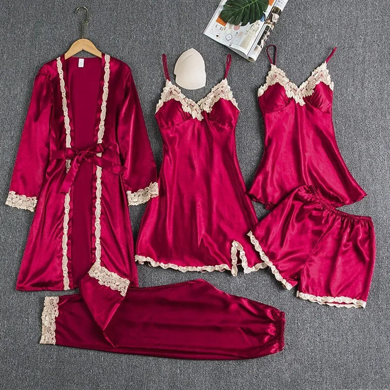 5-teiliges Set Damen-Nachtwäsche, sexy Seiden-Nachthemd, Spitzen-Satin-Nachthemd, Weste mit V-Ausschnitt, atmungsaktiv, bequemes Damen-Nachthemd