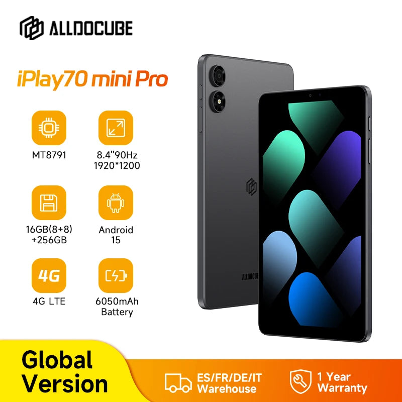 ALLDOCUBE iPlay70 mini Pro Tablet 8.4" 90Hz Display MT8791 16GB（8GB+8GB Virtual）RAM 256GB ROM 4G LTE 6050mAh Android15.