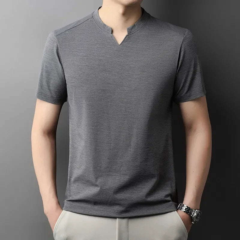 Korean Men's Casual and Fashionable Small V-neck Solid Color Short Sleeved T-shirt Comfortable Summer Versatile Top