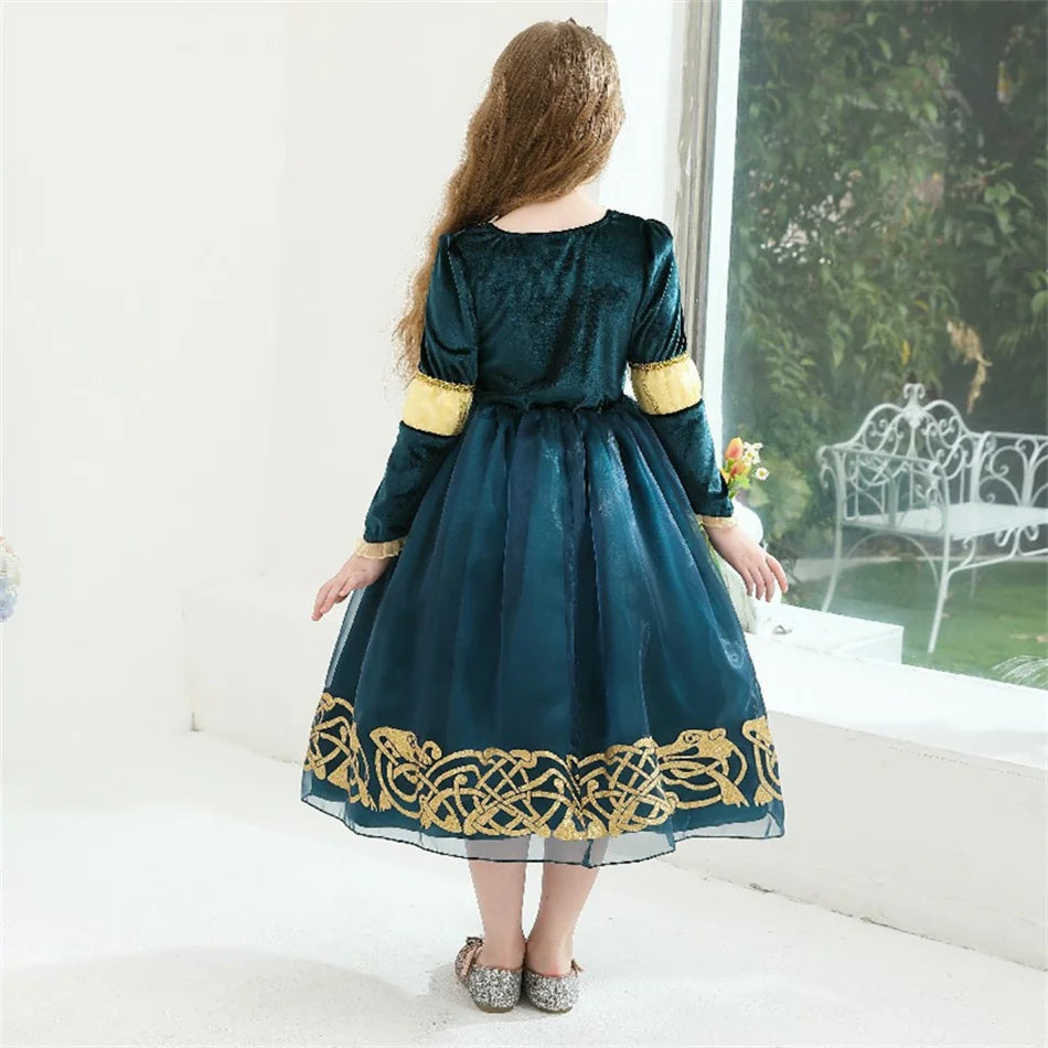 Girls Merida Cosplay Princess Dress Children Stage Performance Clothes Kids Halloween Carnival Party Long Sleeves Outfits.