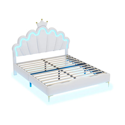 Polsterbett ohne Matratze, ferngesteuertes Umgebungslichtbett mit 2 Schubladen, kronenförmiges Prinzessinnenbett, verstellbarer Kopf, PU, Weiß