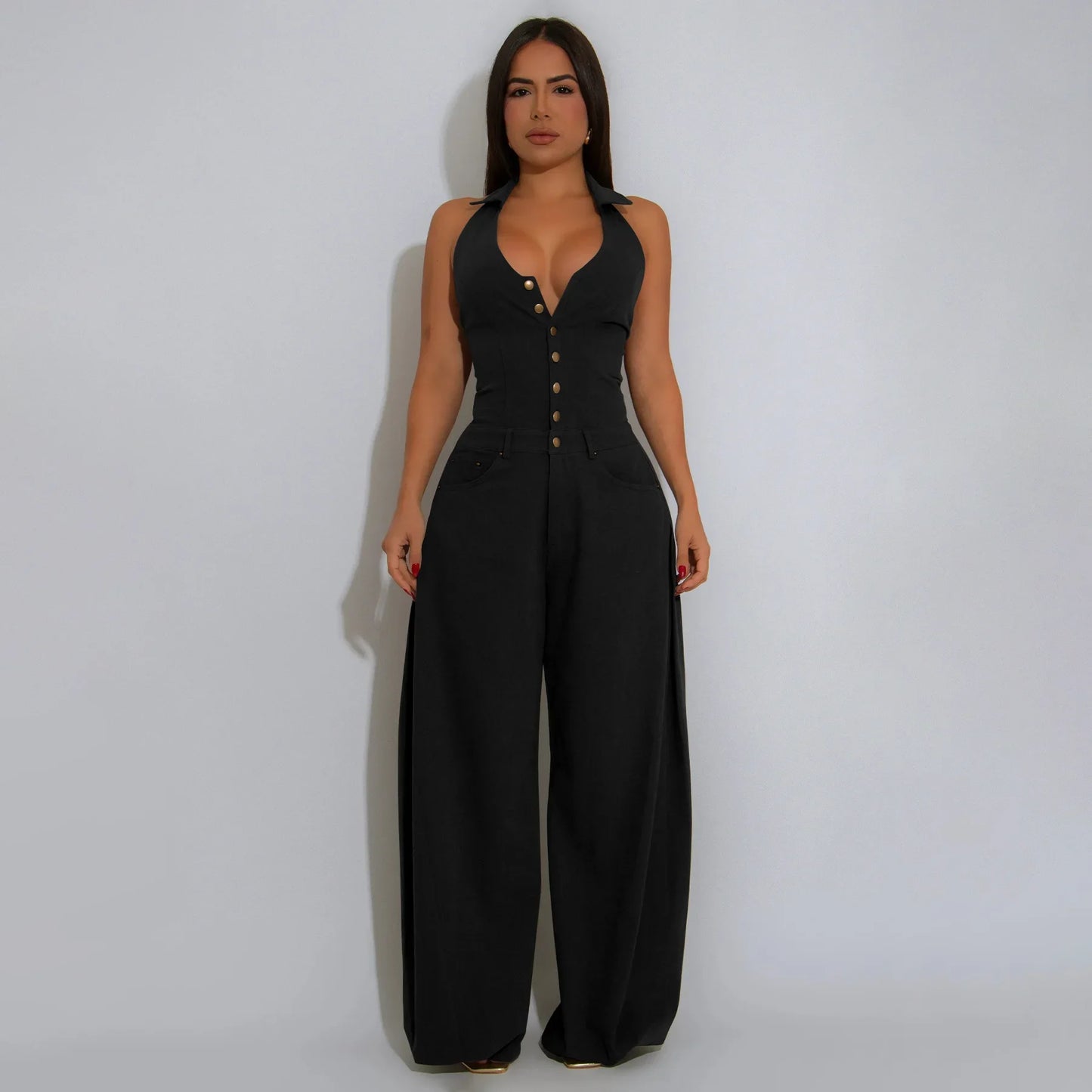 Fashionable Backless Casual Romper with Pockets for Women Summer Breathable Lightweight Solid Color One-Piece Suit.