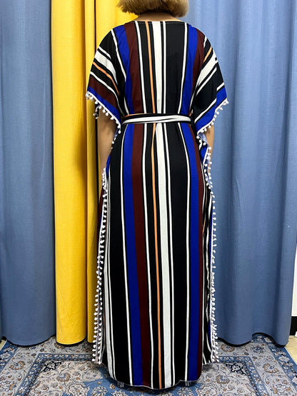 Abayas For Women 2024 Printed Vertical Stripe Tassels Elasticity Loose Fit Femme Robe African Woman Dresses With Belt Headscarf.