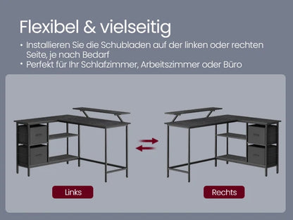 VASAGLE L-förmiger Schreibtisch, 2 geräumige Schubladen, Computertisch mit Monitorständer, Eckschreibtisch