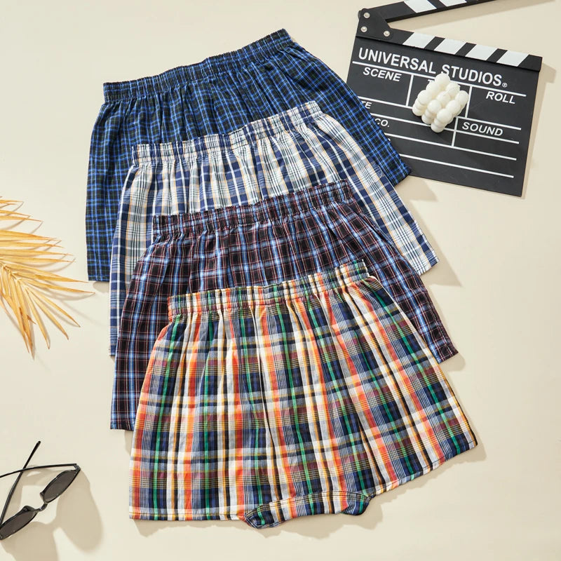 Herren-Boxershorts aus Baumwolle, atmungsaktiv, weich, bequem, elastischer Bund, karierte Boxershorts, Hosen für Herren, Zuhause, Alltag