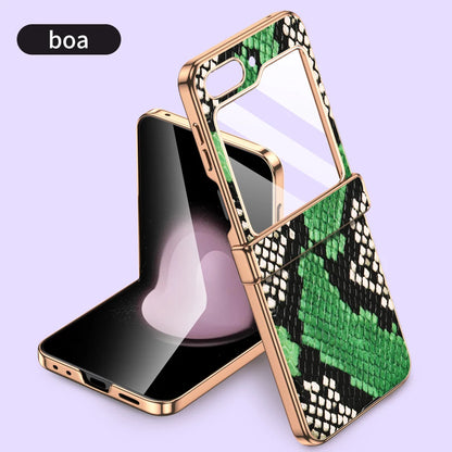 Cowhide Leather Phone Case for Samsung Galaxy Z Flip7 Flip6 Flip5 Flip 7 6 5 Luxury Hinge Protection Cover with Tempered Glass