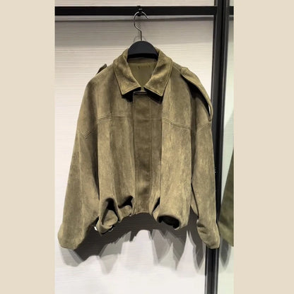 2025 herbst frauen Grün Wildleder Jacke Lose Revers Zipper Langarm Taschen Bomber Mantel Neue Mode Dame Dicke Streetwear.