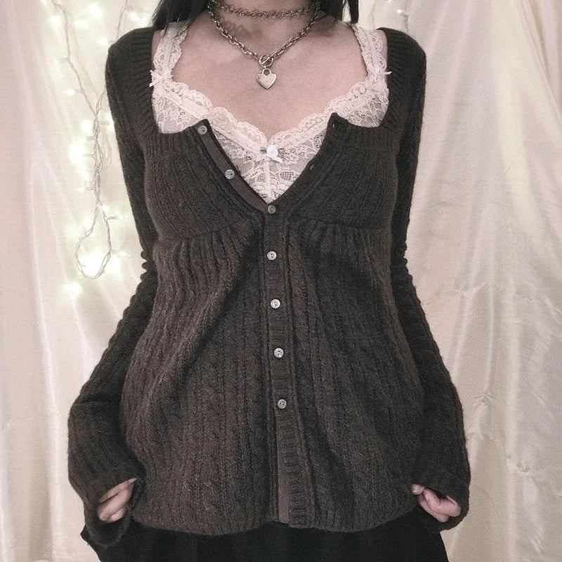 2000er Jahre Vintage Langarm Babydoll Strickpullover Tops Cottage Milkmaid Pullover Ästhetische Grunge Y2k Strickwaren T-Shirts Damen.