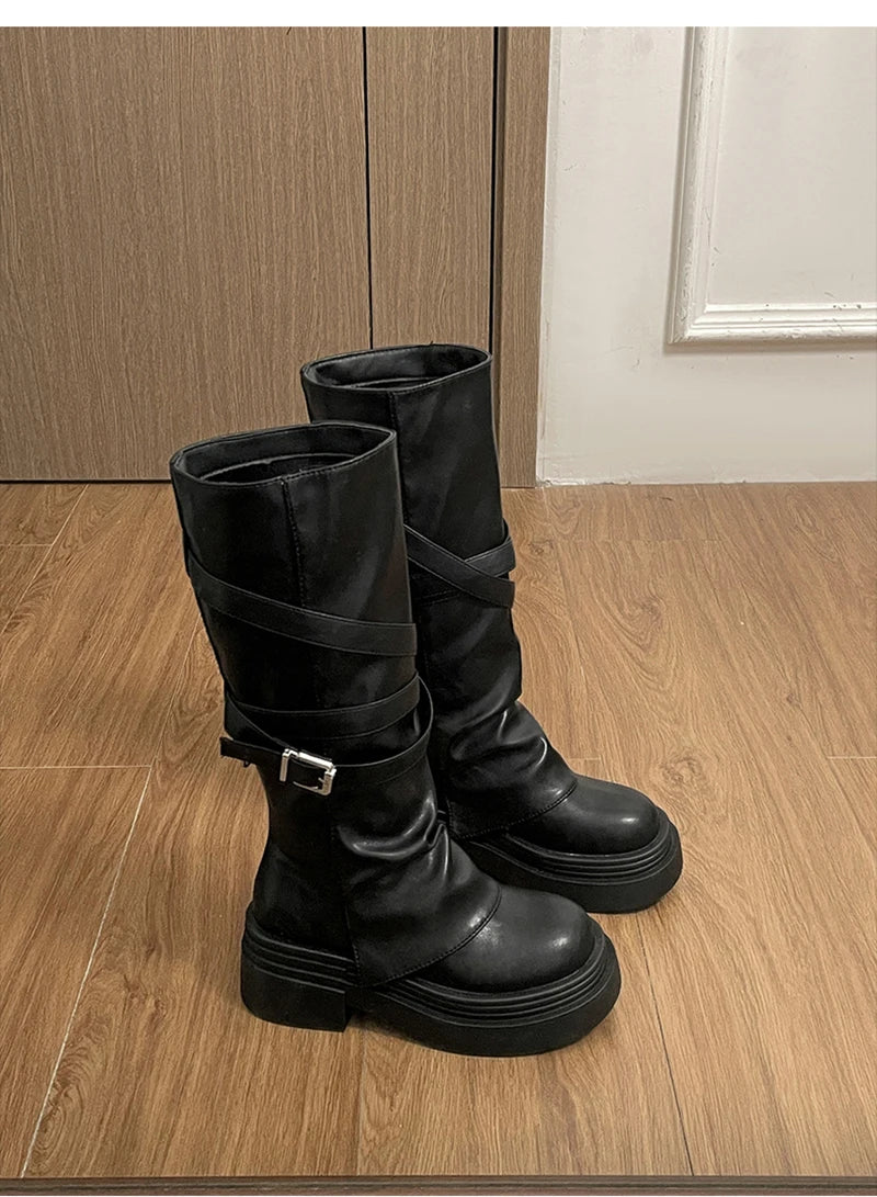 Vintage Thick Heel Women Knight Long Boots Fashion Slip On Knee High Booties Autumn Winter Shoes Zapatos De Mujer.