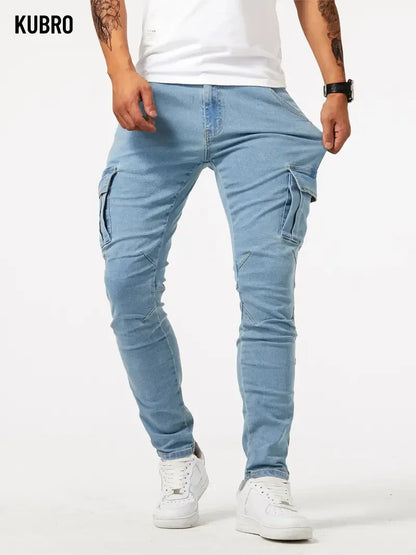 Street Elastic Jeans Men Denim Cargo Pants Wash Solid Color Multi Pockets Casual Mid Waist Trousers Slim Fit Daily Wear Joggers.