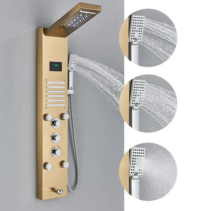 Golden Shower Panel LED Light Bathroom Bath Shower Column Tower Digital Screen Waterfall Rain shower Mixers Rotate Massage Jets