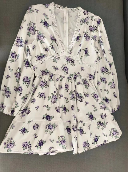 Frühling Herbst frauen Neue Kleid Temperament Süße Druck V-ausschnitt Laterne Hülse Spitze Hohe Taille Kurzes Kleid.