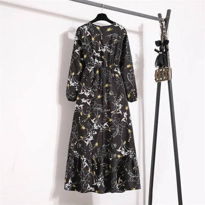 Women Floral Printed Maxi Dresses Spring Summer Casual O Neck Full Sleeve High Waist A Line Boho Beach Party Long Dress Vestidos