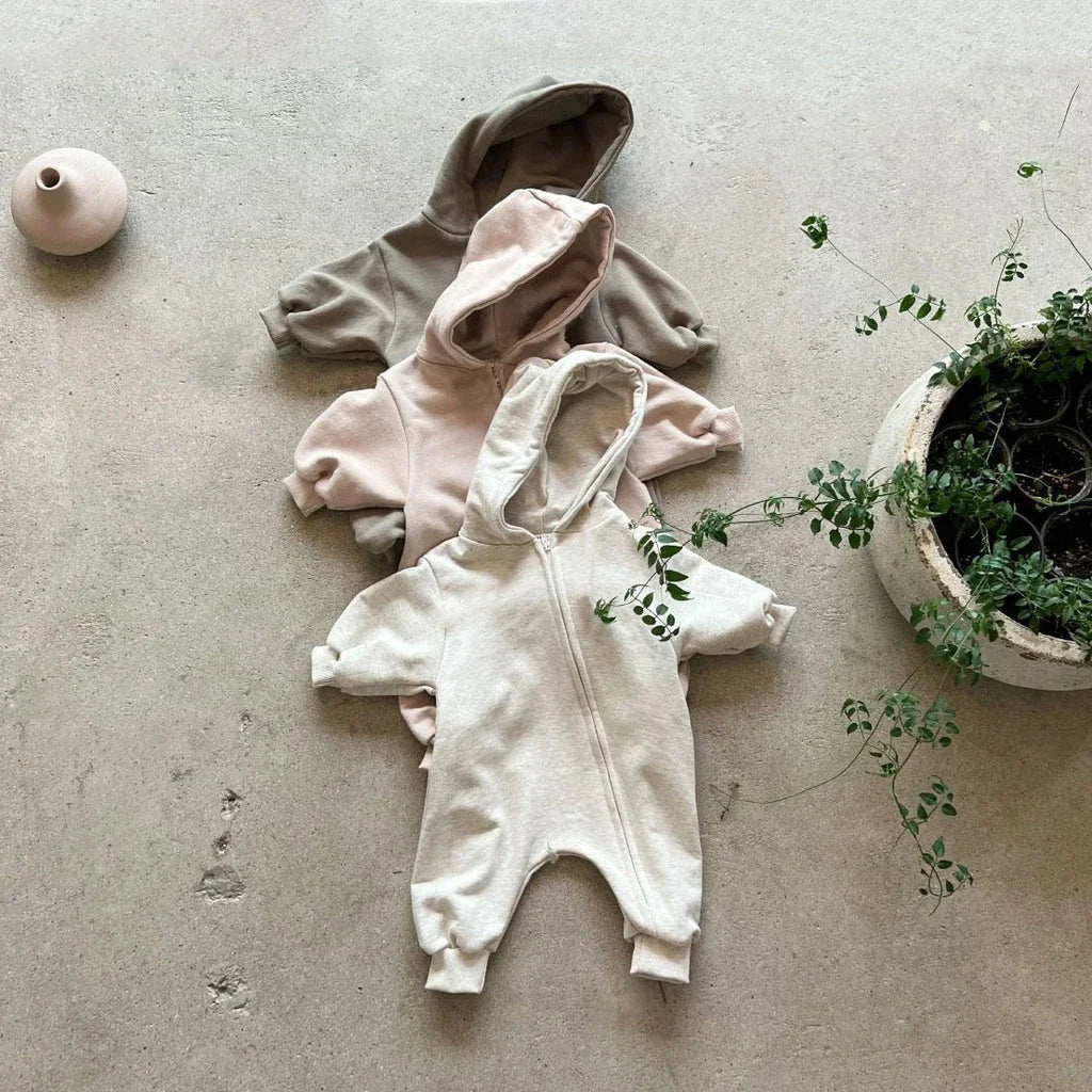 2024 Baby Kapuze Reiß verschluss Bodysuit Neugeborene Jungen und Mädchen Bergsteiger Anzug einfarbig Bodysuit Long Fit Sport Kletter anzug.