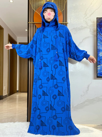Promotion New Double Hat Women Abaya With Hooded Irregular Pattern Long Abaya Tassel Muslim Saudi Prayer Kaftan Oriental Robes.