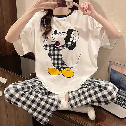 Sommer Pooh Bär Nachtwäsche frauen Lose Bequeme Cartoon Print Hause Kleidung Set Kurzarm Nachthemd Mickey Pyjama Set
