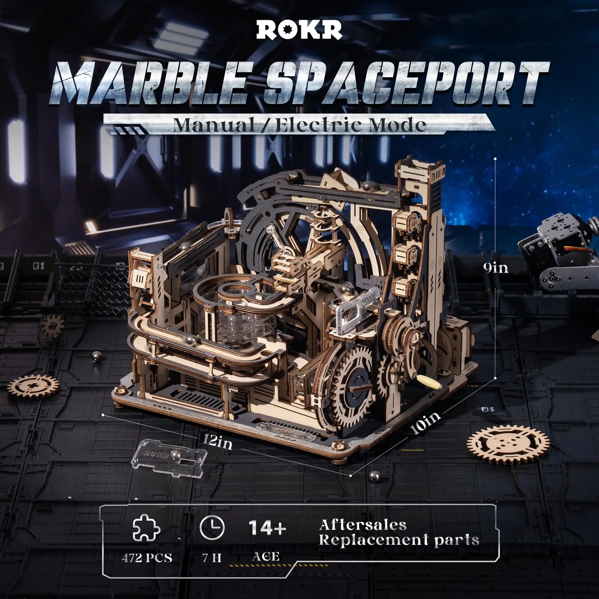ROBOTIME Rokr Electric Marble Run with Light 3D Puzzle Toys Marble Spaceport Gifts for Kids Children Connect With Night City.