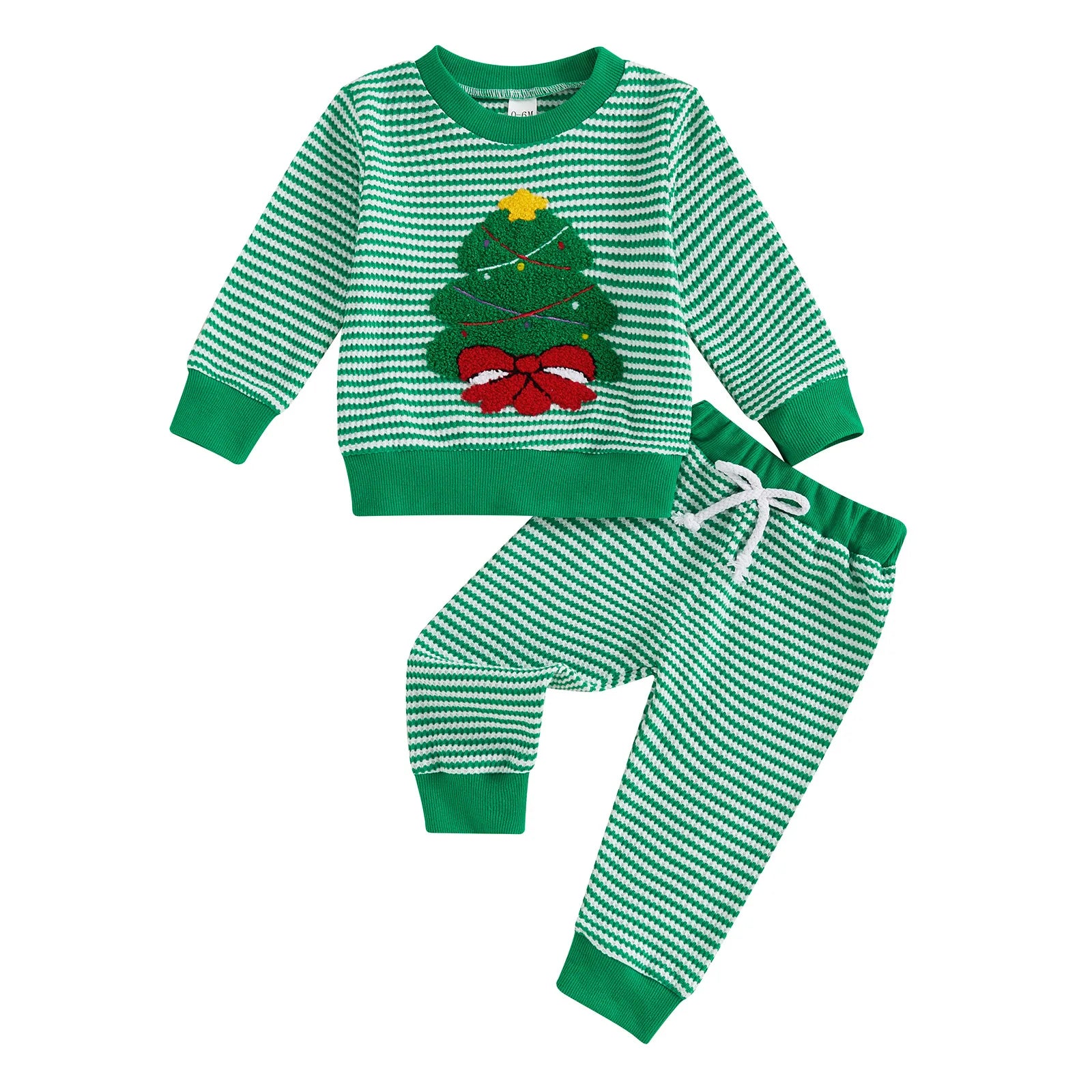 Weihnachts-Baby-Kleidung aus Baumwolle, 2-teiliges Set, 0–3 Jahre, gestreiftes Sweatshirt und Hose für Kleinkinder mit besticktem Weihnachtsbaum-Outfit.