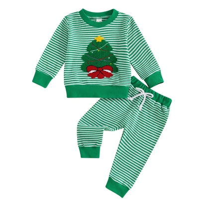 Weihnachts-Baby-Kleidung aus Baumwolle, 2-teiliges Set, 0–3 Jahre, gestreiftes Sweatshirt und Hose für Kleinkinder mit besticktem Weihnachtsbaum-Outfit.