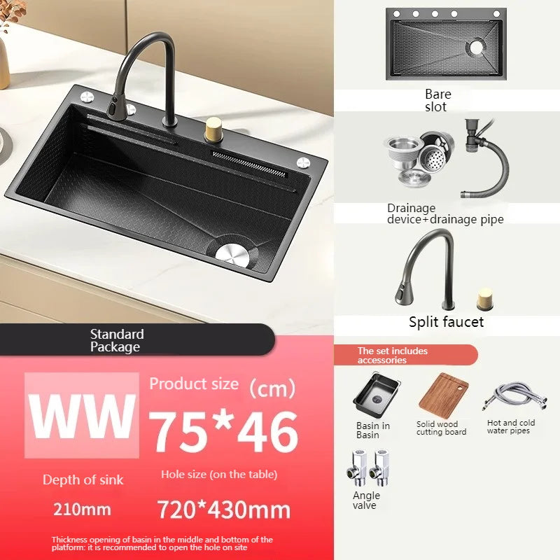 Stainless Steel Kitchen Sink With Waterfall Nano Embossed Large Single Slot Vegetable and Dishwashing Sinks Udermount Basin