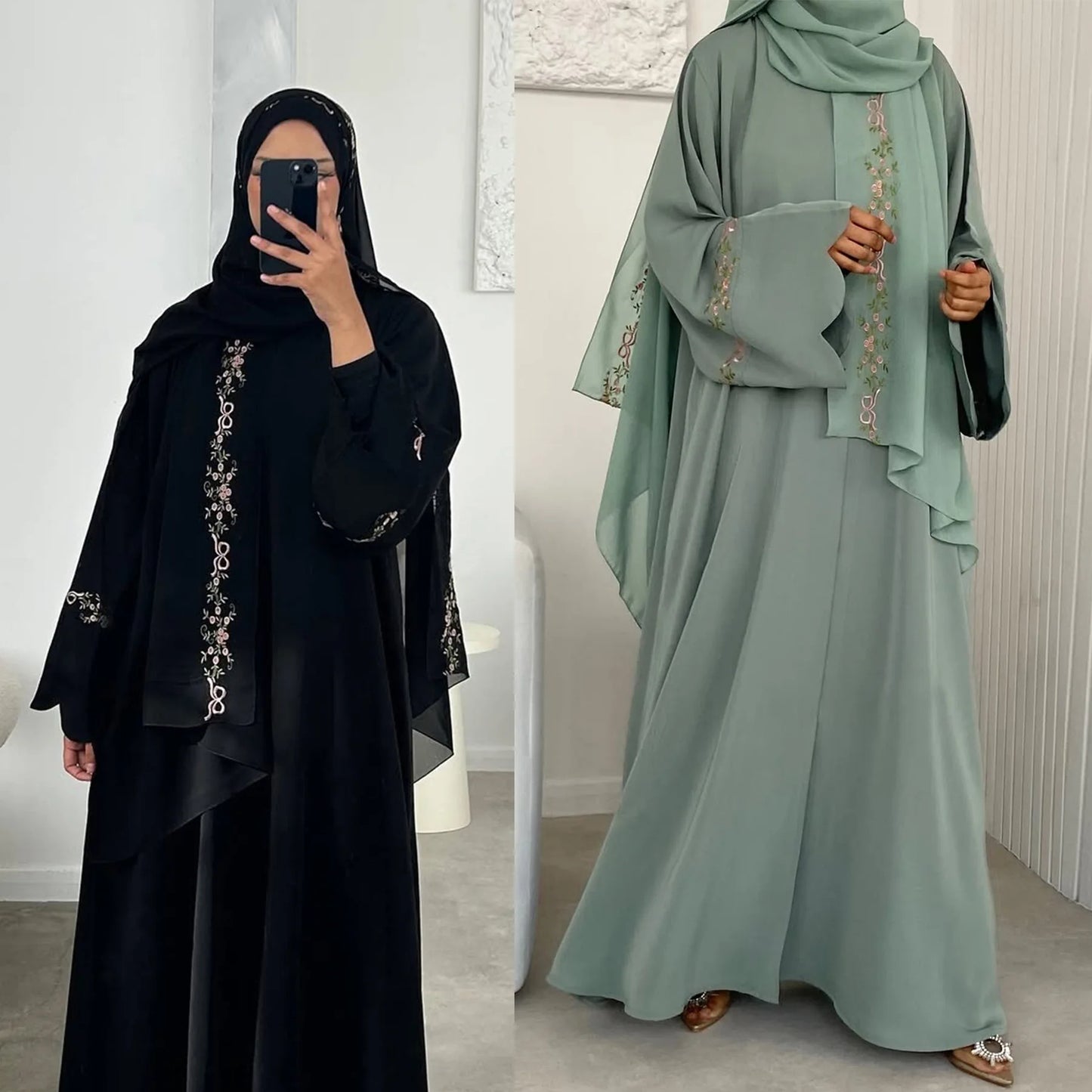 Front Open Abaya with Hijab 2 Piece Set Muslim Embroidery Abayas for Women Dubai Modest Islamic Clothing Kaftan Turkish Dresses.