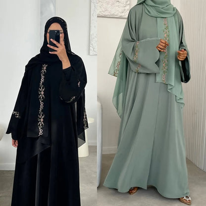Front Open Abaya with Hijab 2 Piece Set Muslim Embroidery Abayas for Women Dubai Modest Islamic Clothing Kaftan Turkish Dresses.