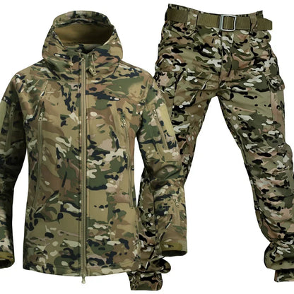 Winter Verdicken Männer Camo Anzug Wasserdichte Taktische Ausbildung Set Multi-tasche Mit Kapuze Jacke Fleece Hosen Outdoor Jagd 2-stück.
