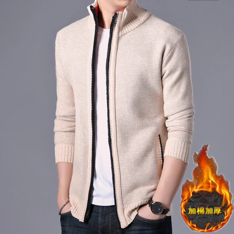 New Men's Casual High Collar Long Sleeve Knitted Top with Velvet Warmth for Autumn and Winter Fashion Multi Functional Jacket.