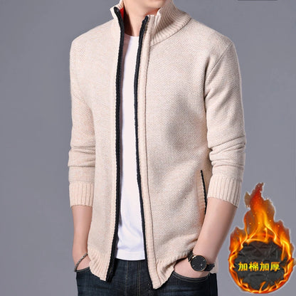 New Men's Casual High Collar Long Sleeve Knitted Top with Velvet Warmth for Autumn and Winter Fashion Multi Functional Jacket.