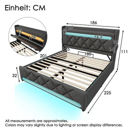 KOMHTOM Doppelbett Leinen, mit USB und Typ C-Port, 360-Surround-LED-Funktion, Hydraulischer Stauraum, ohne Matratze