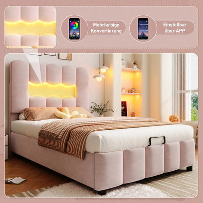 Modernes Polsterbett, 90 x 200 cm, ohne Matratze, LED-Beleuchtung, mit hydraulischem Gerät, verstellbarer Kopfteil, Samt, Grau