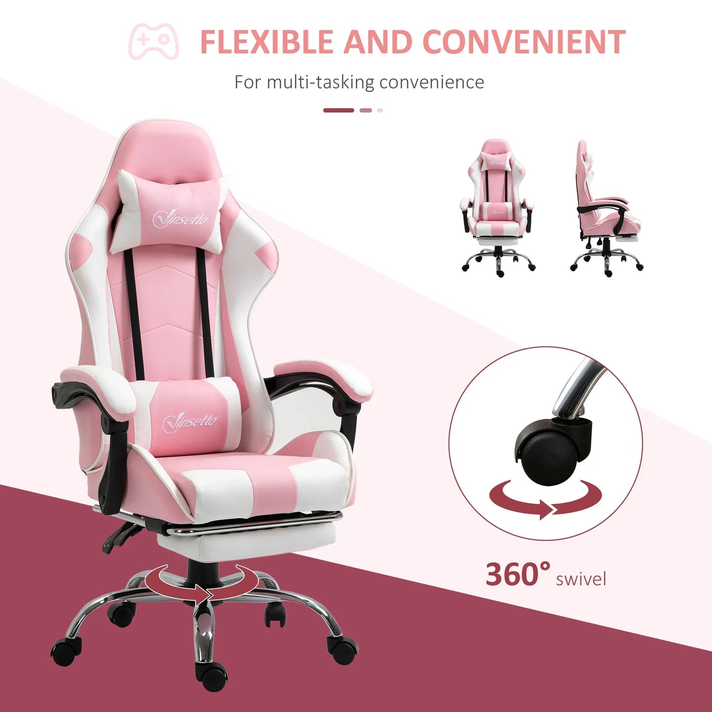 Gaming-Stuhl, Computerstuhl, ergonomischer Bürostuhl mit Kopfstütze, Lendenpolster, höhenverstellbar, 360° °   Rotation rosa + weiß