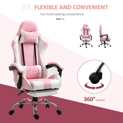 Gaming-Stuhl, Computerstuhl, ergonomischer Bürostuhl mit Kopfstütze, Lendenpolster, höhenverstellbar, 360° °   Rotation rosa + weiß