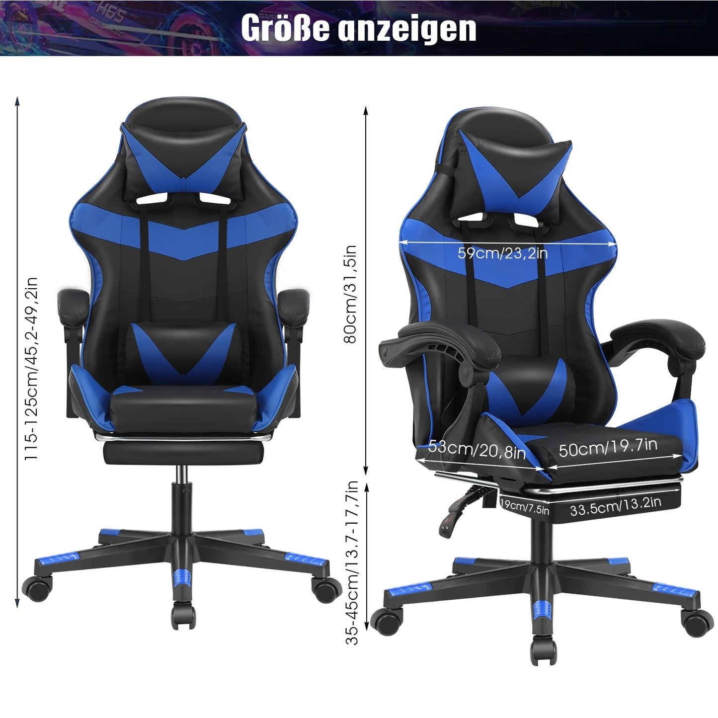 Bürostuhl Ergonomisch Gaming Stuhl Massage Gaming Sessel mit Kopfstütze Massage-Lendenkissen, Gepolstert Gaming Chair, Drehsessel,150kg Kapazität,Schwarz  Blau