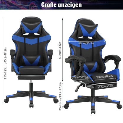 Bürostuhl Ergonomisch Gaming Stuhl Massage Gaming Sessel mit Kopfstütze Massage-Lendenkissen, Gepolstert Gaming Chair, Drehsessel,150kg Kapazität,Schwarz  Blau