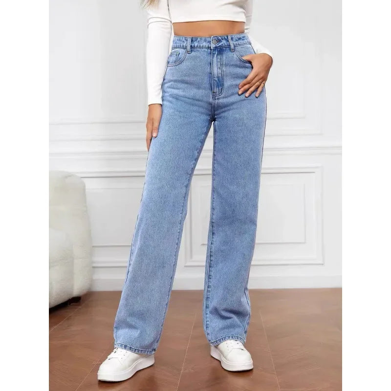 High Waist Wide Leg Straight Jeans Women's Light Washed Loose Fit Large Size Casual Trousers Imported from China.