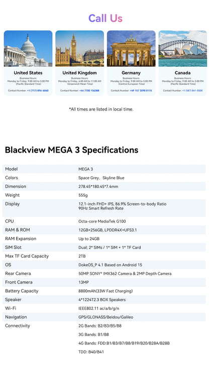 Blackview MEGA 3 Tablet PC  SET, 12.1" 2.5K FHD+ Display, Android 15 Pad MTK G100 Octa core, 36(12+24)GB RAM, 256GB ROM, 8800mAh